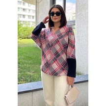 WeShaya Kadın Gül Kurusu V Yaka Geometric Desen, Color Block Yarasa Kol Kazak & Bluz Gul Kurusu