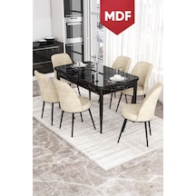 Canisa Kor Serisi, Siyah Mermer Desen MDF 70x114 Açılabilir Yemek Masası Takımı, 6 Sandalye
