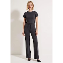 Benerly Kadın Büyük Beden Crop Top Ispanyol Paça Takım Bisiklet Yaka Kısa Antrasit