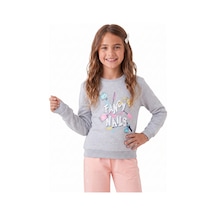 Onloox Kız Çocuk Gri Melanj Kız Çocuk Gri Melanj Pamuklu Bisiklet Yaka Uzun Kollu Oje Baskılı Simli Sweatshirt 6-12 Yaş