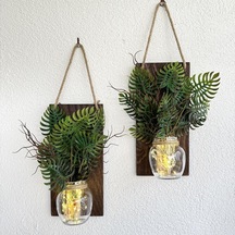 Led Işıklı, Mastana Bitki Çiçekli Duvar Dekoru Ceviz İkili Set Ceviz