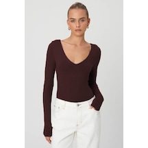 Madmext Kahverengi V Yaka Uzun Kol Esnek Kumaş Bodysuit Mg2132-kahverengi Kahverengi