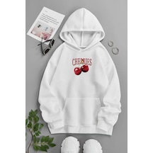 Unisex Beyaz Kapüşonlu Sweatshirt Cherries ,baskılı Şardonlu Kalın Kumaş Beyaz