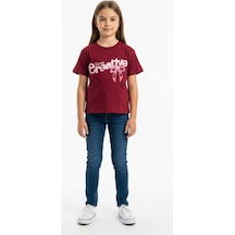Toontoy Kids Toontoy Kız Çocuk Bisiklet Yaka Kısa Kollu Baskılı Tişört 25010 Bordo