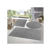 Raschel Carpet Balat Halı 3'lü Kaymaz Taban Bubble Peluş Banyo Paspası Açık Gri 50x50 Yuvarlak -50x50 Ve 50x70 Gri