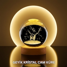 Doğal - 855 - Ahşap Standlı Geyik Figürlü Kristal Küre Led - Novapazr - Dekoratif Lamba