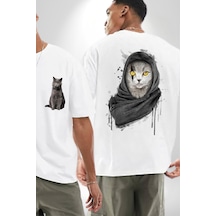 Safari Kedi Şal Eşarp Beyaz Oversize Unisex Ön Ve Sırt Baskılı Tişört Beyaz