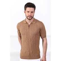 Ferraro Camel Polo Yaka Fermuarlı Erkek Pamuk Triko T-Shirt-Kahverengi (490417800)