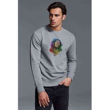 Bob Marley Aquarelle Baskılı Gri Erkek Örme Sweatshirt