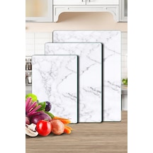 3'lü Cam Kesme Tahtası Ve Sunumluk Beyaz Mermer Desenli 20 X 30, 25 X 35 Ve 30 X 40 Cm Çok Renkli