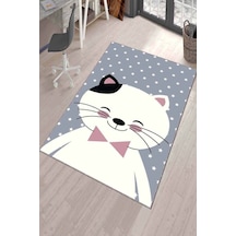 Gri Kaymaz Tabanlı Yıkanabilir Kedili Çocuk Halısı Kd017n11