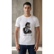 Yake Store Erkek Atatürk Baskılı Tişört Kısa Kollu Bisiklet Yaka T-shirt - Beyaz - Beyaz