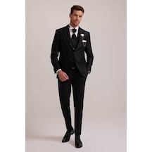 Ysf Erkek Siyah Pileli Slim Fit Kırlangıç Yaka Yelekli Damatlık