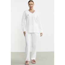 Yumuşak Dokulu V Yaka Pijama Takım - Ekru Ekru