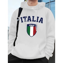 Startmore Tarzsokak İtalya Bayrağı Baskılı Erkek Kapüşonlu Sweatshirtleri Sonbahar Kış Cepli Sweatshirtler Temel Beyaz