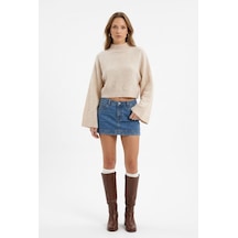 Neden Tekstil Kadın Crop Fit Bej Balıkçı Yaka Triko Kazak