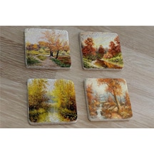 Sonbahar Manzarası Doğal Taş Bardak Altlığı 4'lü Set - Natural Stone Coasters - Taş Çok Renkli