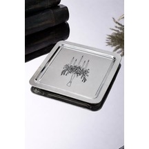 Şamdan Desenli Kare Paslanmaz Çelik Kahve Çay Sunum Ve Dekoratif Tepsi 15cm