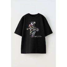 Thewert Unisex Ayakta On Kaldıran Motorcu Tasarım Baskılı Pamuk Sıyah Oversize T-shirt Siyah