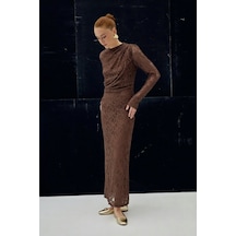 Sateen Dantel Elbise - Kahve-137078 Kahve