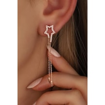 Zincir Sallantılı Gümüş Yıldız Küpe Pembe Altın