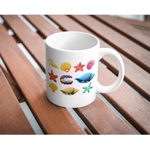 Denizkabuğu Baskılı Kupa Bardak Hediyelik Çay Kahve Kupası Coffee Mug Beyaz - Çok Renkli