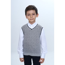 Toontoy Kids Toontoy Erkek Çocuk Regular Fit V Yaka Kare Desenli Okul Süveter - Garni & 2 İplik Gri