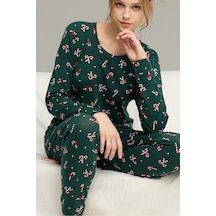 Siyah İnci Şeker Desenli Örme Pamuklu Pijama Takım25240277 Yeşil