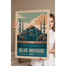 İstanbul Blue Mosque Tablo - Sultanahmet Camii Retro Poster - Şehir Serisi - Çerçeveli Duvar Dekoru Kayın