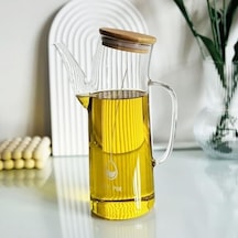 Deconox Bambu Kapklı Borosilikat Cam Yağlık & Sirkelik 1 Litre Isıya Dayanıklı & Sızdırmaz Tasarım Bambu Kapaklı Şeffaf Cam Yağdanlık 1000ml Açık Beyaz