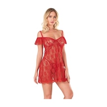 Ang Butik Kadın Dantel İşlemeli Kırmızı Kısa Tül Gecelik