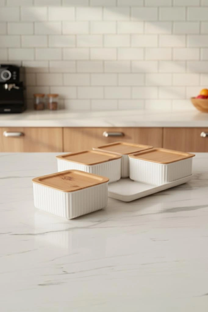 Atbyhome Valverdi - 4'lü 9 Parça Plastik Kahvaltılık Kahvaltı Seti Sunum Seti Bambu