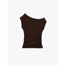 Koton Bürümcük Kumaş Drape Detaylı Asimetrik Kayık Yaka Kolsuz Bluz Kahverengi 6wak10205ek Kahve