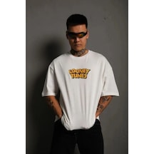 Barlashive Erkek Bisiklet Yaka Baskılı Oversize Kısa Kol T-shirt - Beyaz Çok Renkli