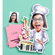 Kişiye Özel Bayan Chef Karikatürlü Ahşap Magnet Çok Renkli