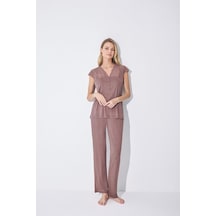 Monamise Kadın Yakası Kolu Ve Omzu Dantelli Önü Düğmeli Pijama Takımı 18509-kahve Kahverengi
