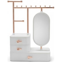 Aynalı Takı Düzenleyici Organizer Çekmeceli Masaüstü Takı Standı, Rose Gold Metal Askılı Beyaz