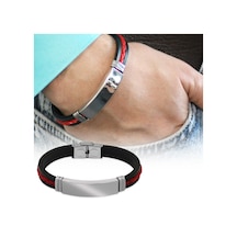 Silikon Kordonlu Silver Renk Çelik Plakalı Kırmızı İp Detaylı Kişiye Özel İsim Harf/yazılı Erkek Bileklik Çelik