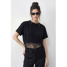 Shade Kadın Bisiklet Yaka Dantel Detaylı Rahat Kalıp T-shirt 1074 60286064 - Siyah