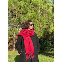 Yusan Tekstil Püsküllü Düz Renk Atkı-kışlık Yumuşak Dokulu Atkı Kırmızı
