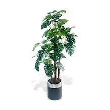 Yapay Çiçek Monstera Yeşil Deve Tabanı 3katlı 135cm 54yaprak Gümüş Kemerli Siyah Saksıda Yapay Bitki
