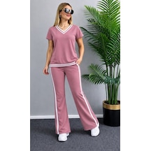 Efnaz Style Kadın Kısa Kollu V Yakalı Viskon Iki Iplik Bluz Ve Pantolon Ikili Takım Pembe