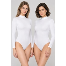 Loule Kadın 2'li %95 Pamuklu Uzun Kol Dik Yaka Esnek Kancalı Body Beyaz