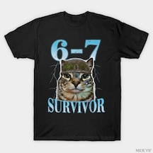 Flood Of Style Saying 67 Cats Tummy Ache Survivor Cat Six Seven Erkek Kadın Tişörtü %100 Pamuklu Tişörtler K Siyah