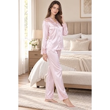 Loule Kadın Pudra Düğmeli Dantel Detaylı Saten Pijama Takımı