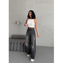 Kadın Baggy Fit Lazerli Yüksek Bel Geniş Paça Kot Pantolon Füme Gri+füme
