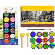 sulu boya baskı seti ponpon fırçalı 25x35 resim defterli set