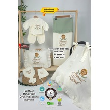 Gros Shop Müslin Yeni Doğan 4katlı Organik %100pamuk Kişiye Özgü Nakışlı Hastane Çıkış Seti Aslan Model-2 Ekru-1