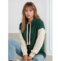 Mamayaga Kadın Kolları Örgü Triko Şık Tasarım Oversize Tunik Boy Zümrüt Yeşili Sweatshirt Kazak Yeşil