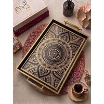 Mandala Desenli Dekoratif Tepsi Siyah Gold Çerçeveli Kulplu Çay Kahve & Sunum Tepsisi